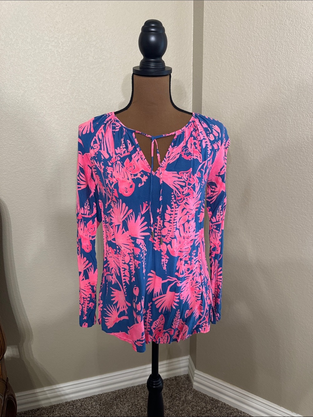 Lilly Pulitzer Blue & Pink Floral Tie-Front Long Sleeve Top